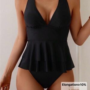 Black Peplum V-Neck Tankini Top and Bikini Bottom Set
